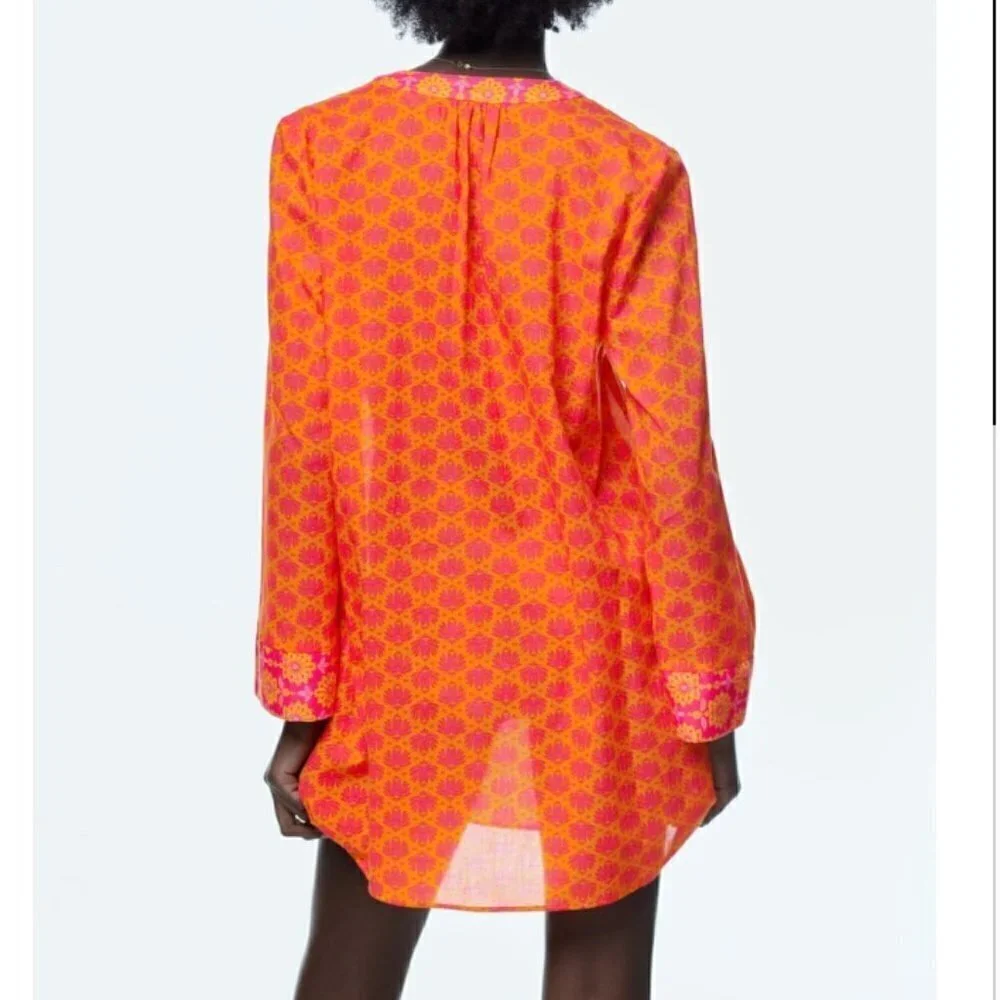 Zara Women's Pink and Orange Print Dress Long Sleeves V-Neck Lightweight size S